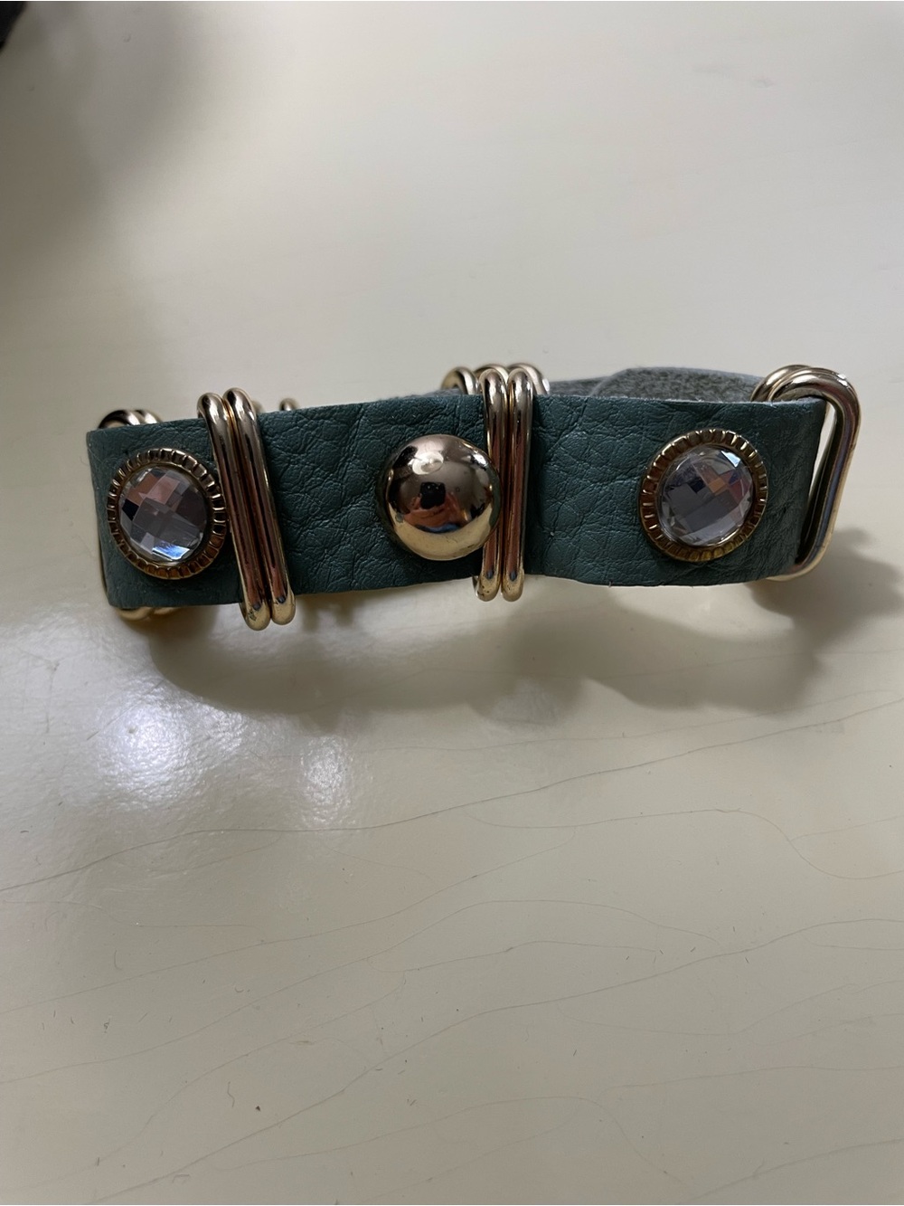 Y2K Vintage 80’s Soft Moss Green Leather Bracelet with Studs & Crystals